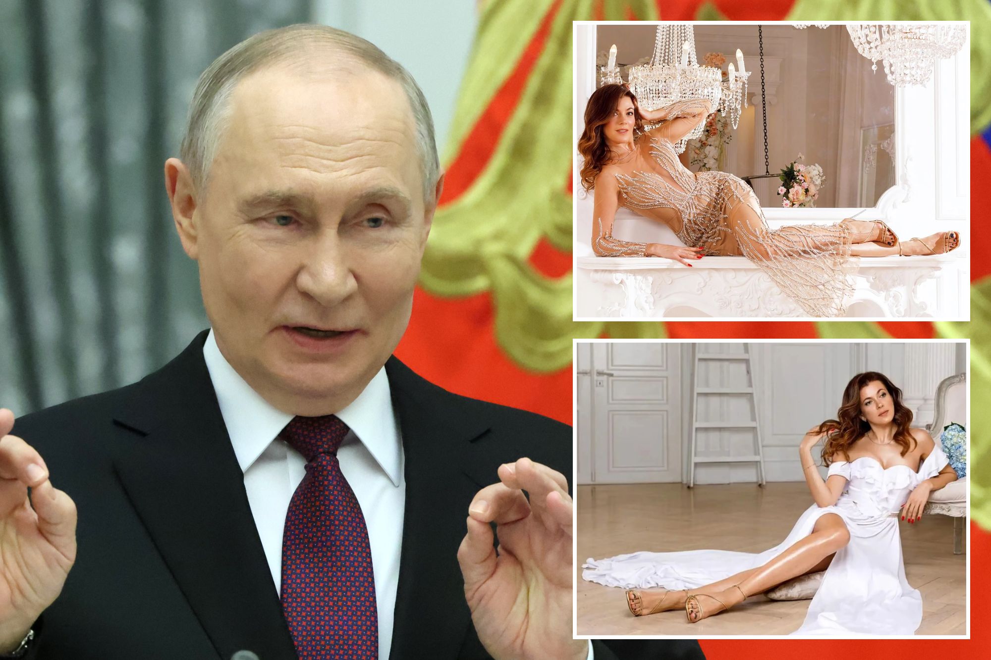 An image collage containing 3 images, Image 1 shows Vladimir Putin speaking at an awards ceremony at the Kremlin, Image 2 shows President Putin's interpreter Daria Boyarskaya lying on a white mantelpiece in an embellished nude gown, Image 3 shows President Putin's interpreter Daria Boyarskaya posing in a white dress