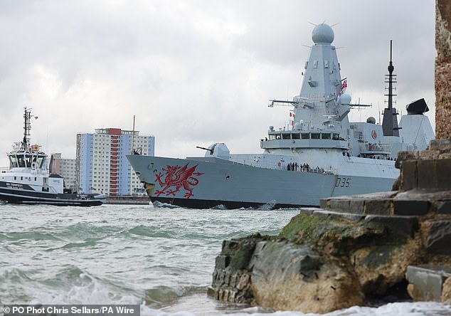 The Royal Navy destroyer HMS Dragon, which has at last left Portsmouth and is on its way to Cyprus