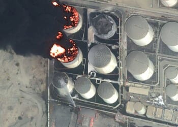 Under attack: Satellite imagery yesterday shows a large fire at Fujairah Oil Industry Zone, in the UAE
