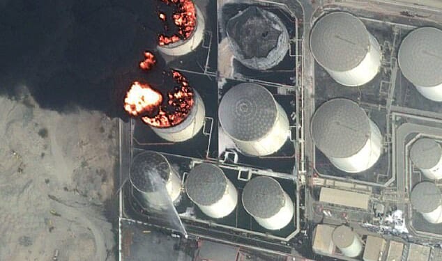 Under attack: Satellite imagery yesterday shows a large fire at Fujairah Oil Industry Zone, in the UAE