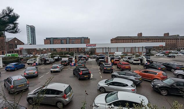 Queues for fuel at a Costco petrol station in Liverpool yesterday