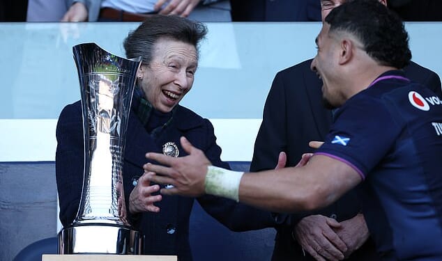 When Sione Tuipulotu approached Anne, the pair both mirrored each other by opening their arms in jest - a humorous reference to their previous encounter last month in which the rugby star attempted to hug the royal