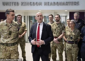 Defence Secretary John Healey speaks to military personnel on his visit to the Permanent Joint Headquarters in Northwood, London, last week