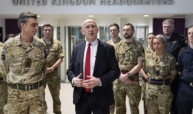 Defence Secretary John Healey speaks to military personnel on his visit to the Permanent Joint Headquarters in Northwood, London, last week