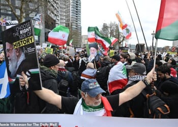 Demonstrators arrive at Albert Embankment in Central London for a static protest after the Al Quds march was banned