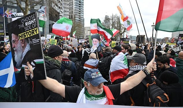 Demonstrators arrive at Albert Embankment in Central London for a static protest after the Al Quds march was banned