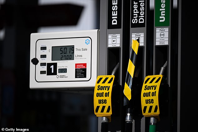 The barrage of criticism aimed at Ms Reeves comes as petrol forecourt bosses are at loggerheads with Downing Street (Pictured: Petrol pumps labelled with 'out of use' signs at a petrol station in Weymouth, Dorset, last week)