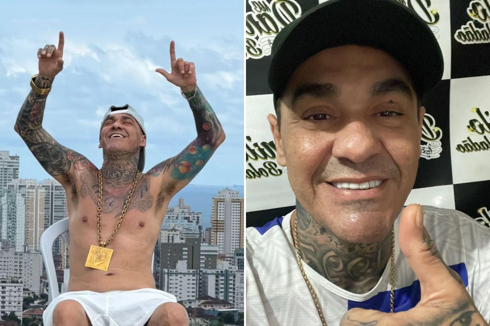An image collage containing 2 images, Image 1 shows Danilo Mariano Leao Laureano, known as MC Danilo Boladao, raising his arms with a city skyline in the background, Image 2 shows Rapper Danilo Mariano Leao Laureano, known as MC Danilo Boladao, giving a thumbs up