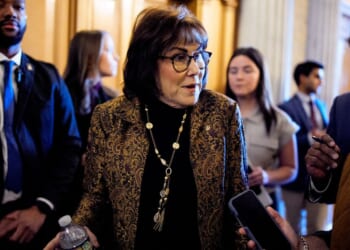 Sen. Jacky Rosen (D-NV) speaks to reporters as she walk into the Senate Chamber in Washington, DC on Dec. 11, 2025.