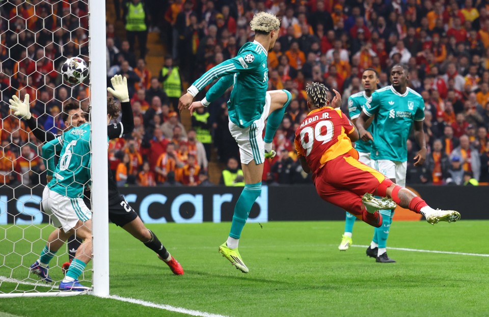 Galatasaray's Mario Lemina scores against Liverpool in the UEFA Champions League.
