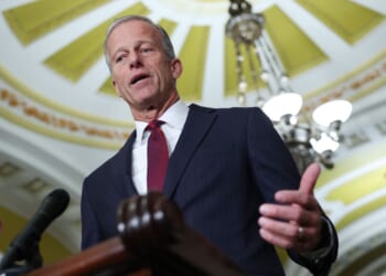 Senate Majority Leader John Thune speaks during a news conference following a weekly Republican policy luncheon at the U.S. Capitol on March 10, 2026, in Washington, D.C.