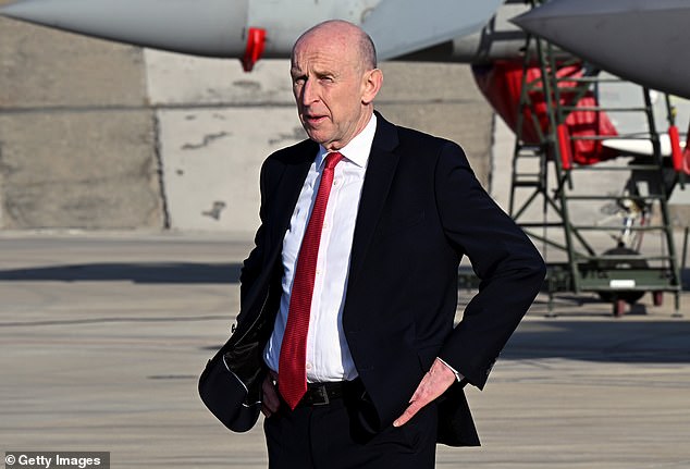 Defence Secretary John Healey, pictured this month in Cyprus, blamed the 'hidden hand' of Vladimir Putin for directing strikes against military headquarters