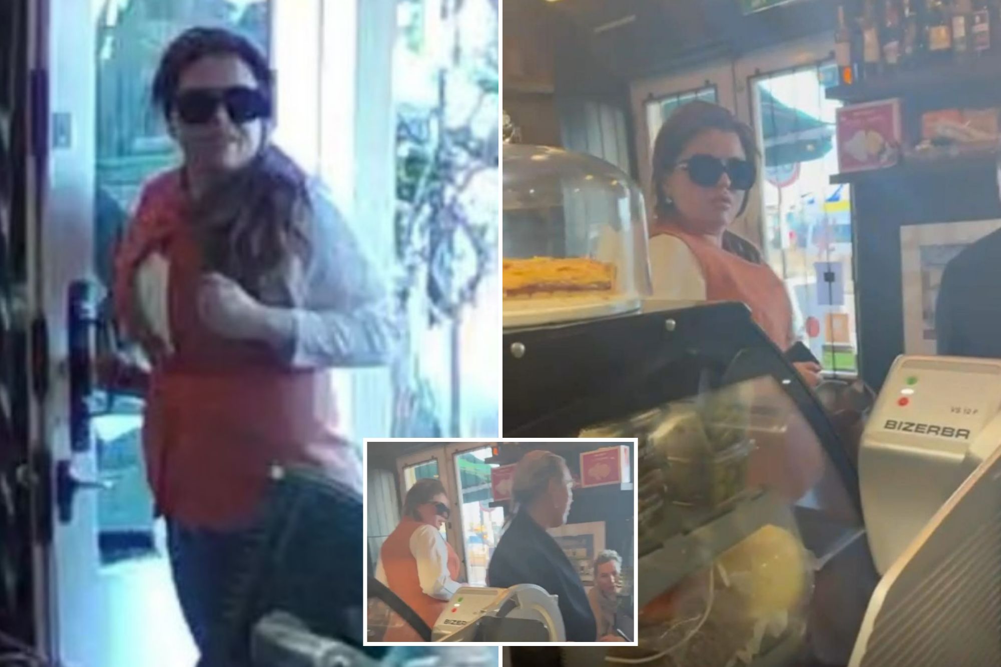 An image collage containing 3 images, Image 1 shows A woman in sunglasses and an orange top stands in a doorway, with hanging wine glasses in the foreground, Image 2 shows A woman in sunglasses stands in a deli or cafe behind a glass display case with food and next to a Bizerba VS 12 F meat slicer, Image 3 shows Three people in a shop, with one wearing sunglasses and a brown vest
