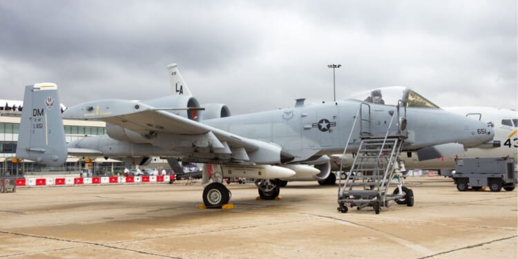 An A-10A Warthog combat plane from Davis-Monthan Air Force Base on display at the 51st International Paris Air show on June 18, 2015.