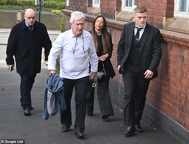 (From left) Hatton's agent Paul Speak, his father Ray and son Campbell outside the court today