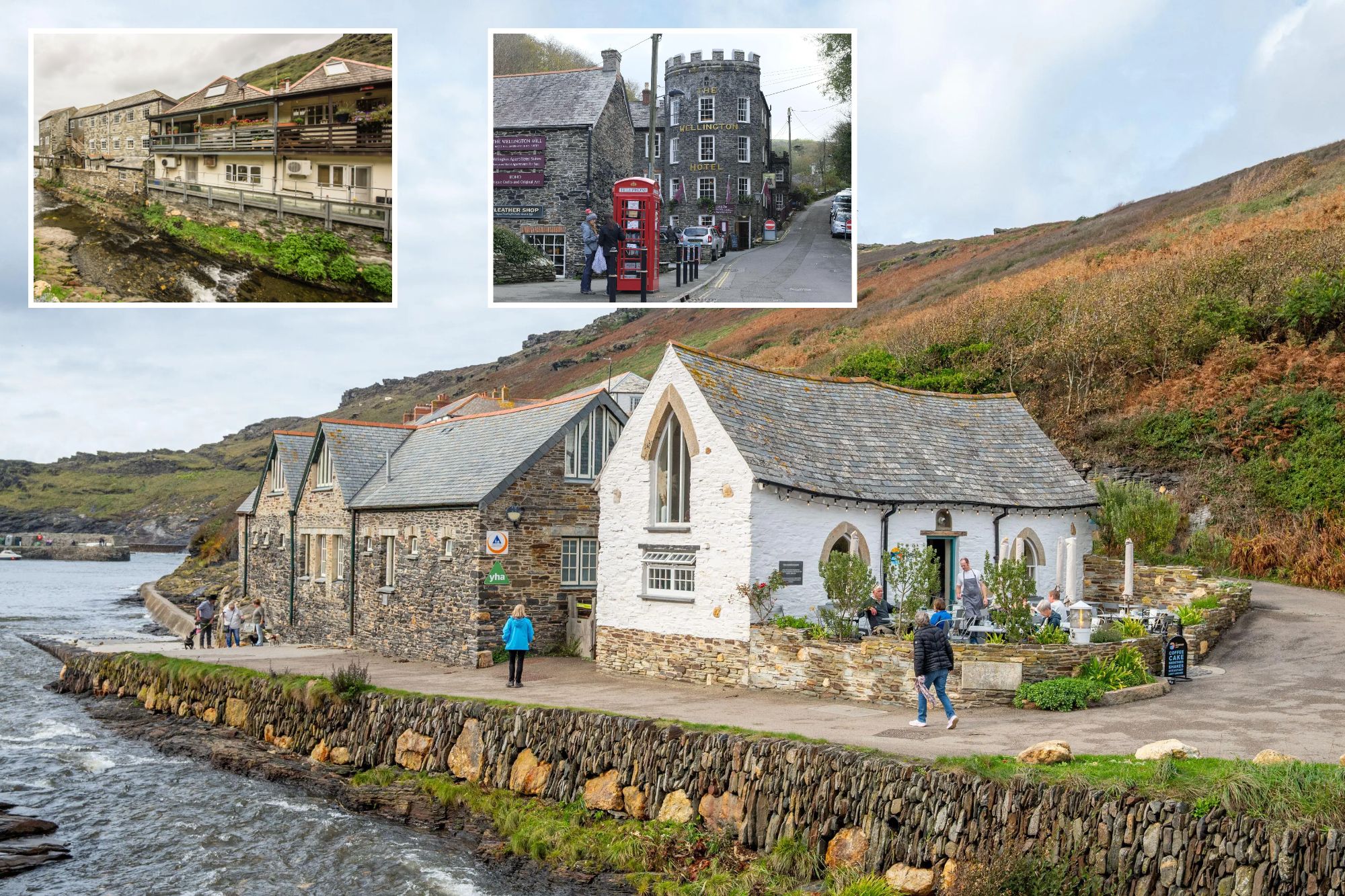 An image collage containing 3 images, Image 1 shows The fishing village of Boscastle, with whitewashed stone cottages along the River Valency, Image 2 shows Village of Boscastle in Cornwall, England with buildings lining a river, Image 3 shows The Wellington Mill and the Wellington Hotel, prominent stone buildings in the Cornish village of Boscastle, with a red telephone booth on the street