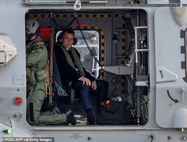 Emmanuel Macron arrived on the French flagship in the Mediterranean by helicopter yesterday