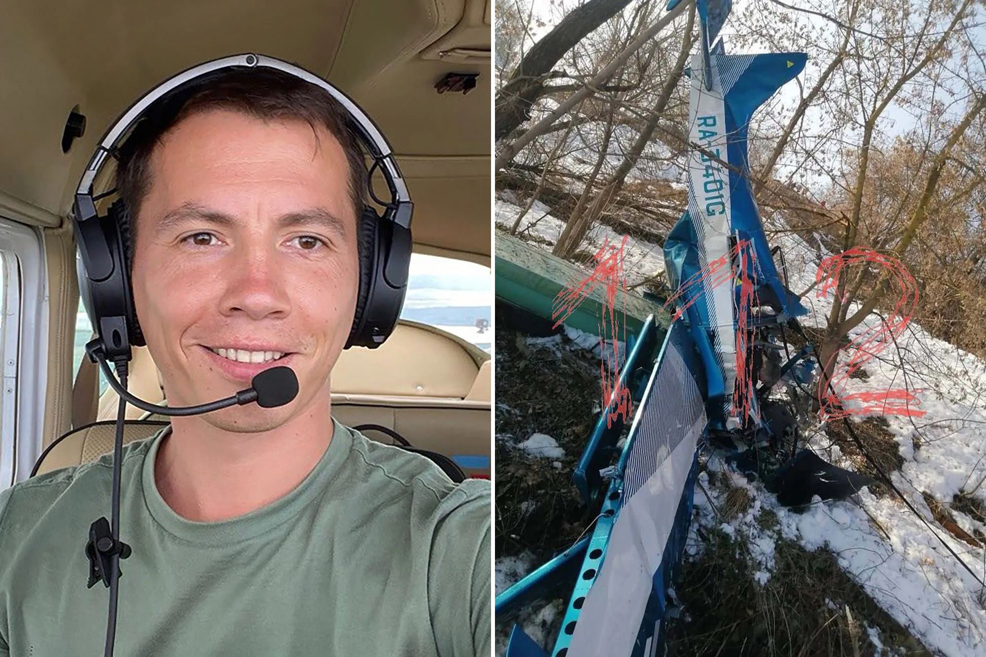 An image collage containing 2 images, Image 1 shows Alto NG plane pilot Pavel, Image 2 shows Alto NG plane crash