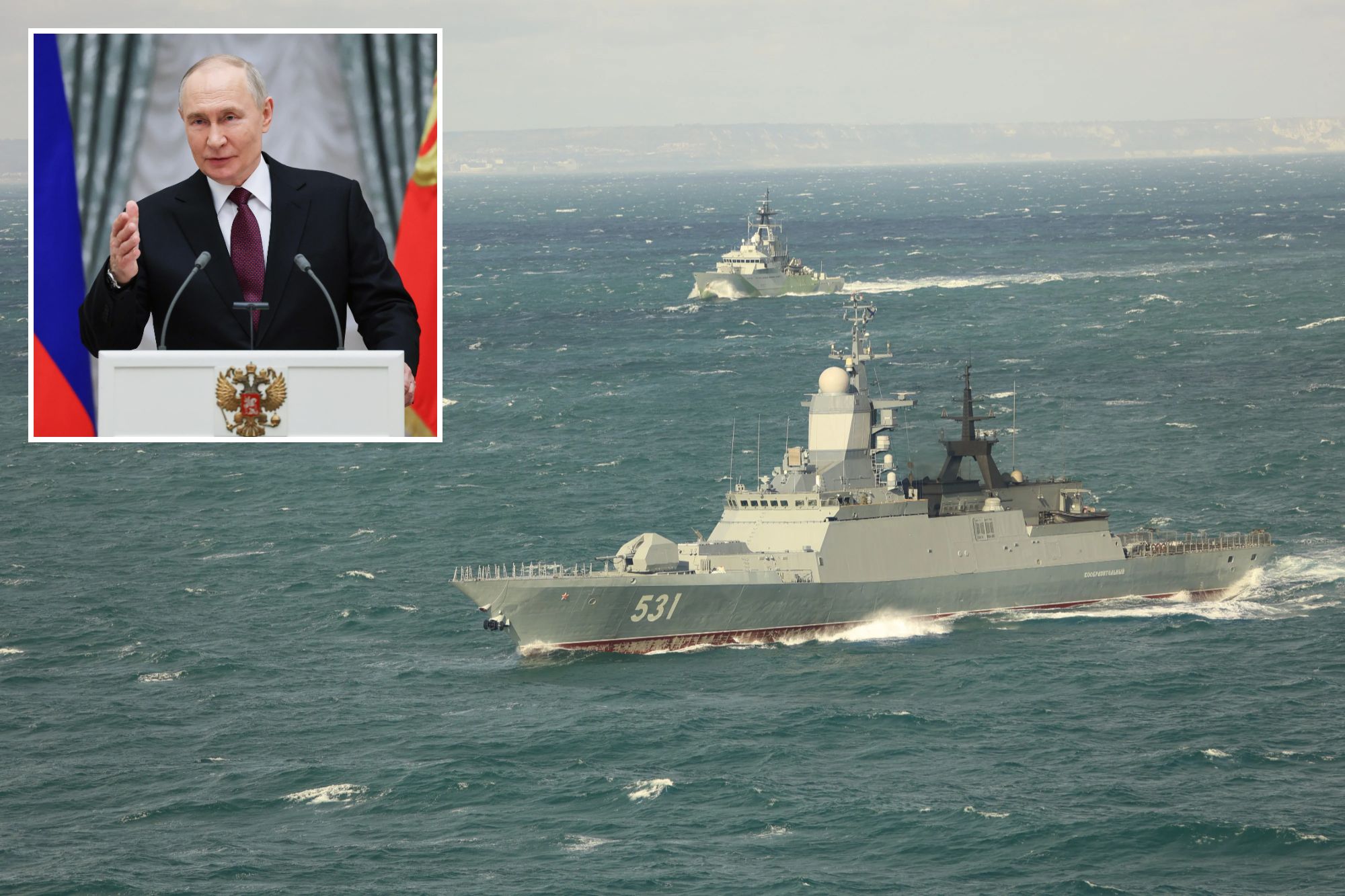 An image collage containing 2 images, Image 1 shows Royal Navy tracks Russian vessels in UK waters, Image 2 shows Russian President Vladimir Putin gestures while speaking at an awarding ceremony