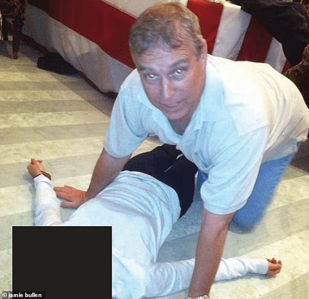 An image released by the US Department of Justice shows Andrew on all fours over an unidentified female