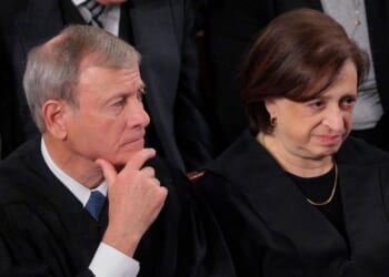 United States Chief Justice John Roberts and Associate Justice Elena Kagan attend the State of the Union address during a Joint Session of Congress at the U.S. Capitol on Feb. 24, 2026, in Washington, D.C.