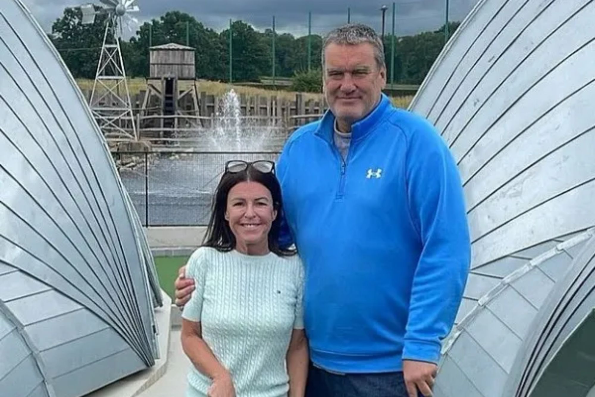 An image collage containing 1 images, Image 1 shows Gill Parkinson and a male colleague stand on a mini-golf course