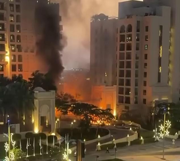 The Palm Jumeirah hotel in Dubai was engulfed in flames yesterday after being hit, with four people injured. Since the strikes, fleets of SUVs have been ferrying rich magnates and their families to private jets from Riyadh airport