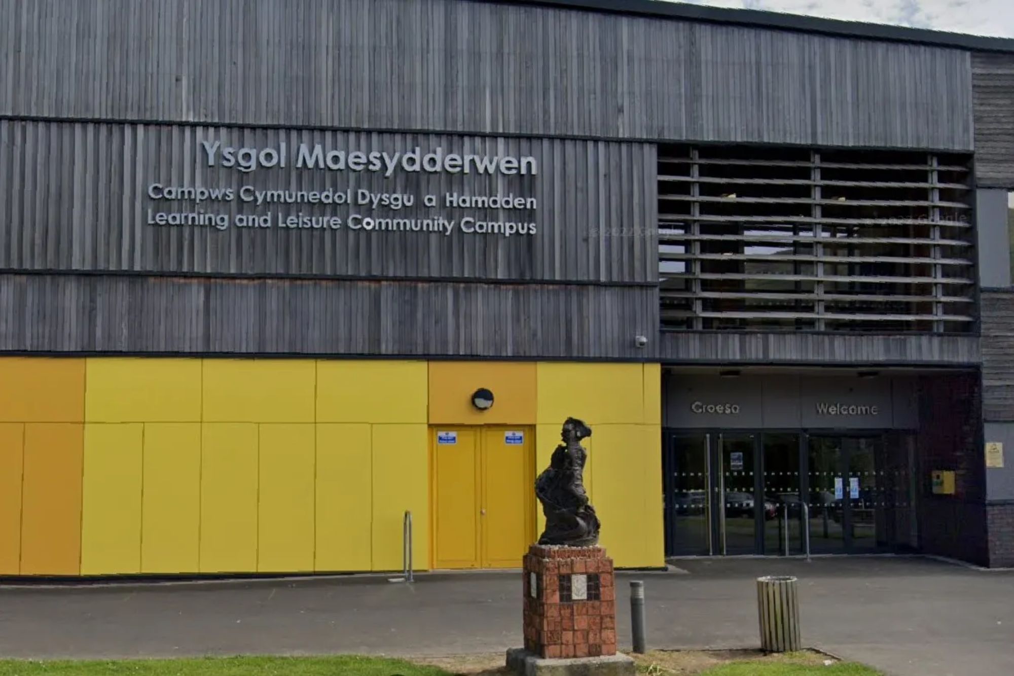 An image collage containing 1 images, Image 1 shows Maesydderwen Comprehensive School building entrance