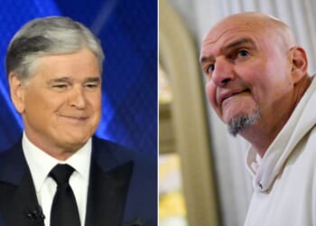 Fox News host Sean Hannity, left, apologized to Sen. John Fetterman, a Pennsylvania Democrat, during a live segment.