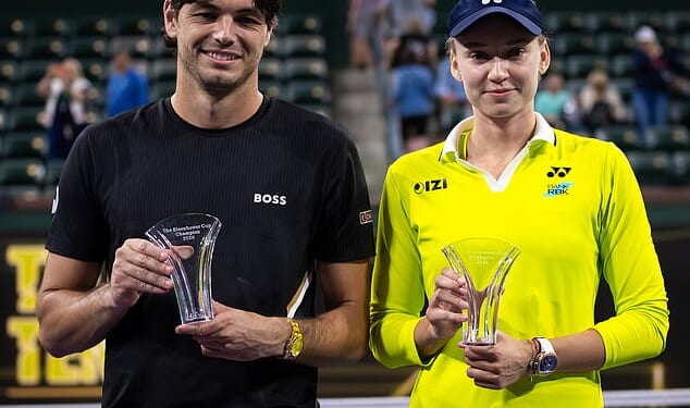 A man has come under fire from tennis fans after appearing to touch the body of Kazakhstan star Elena Rybakina during a trophy presentation at Indian Wells in the US