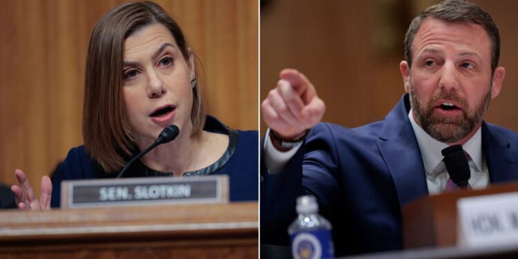 Sen. Elissa Slotkin, a Michigan Democrat, questions GOP Sen. Markwayne Mullin of Oklahoma Wednesday during his confirmation hearing to be the next Secretary of the Department of Homeland Security.