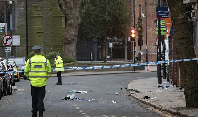 The scene on Friar Gate, Derby, after multiple pedestrians were struck by a car last night