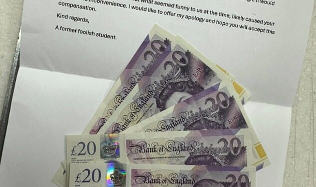A bemused shop owner has received an anonymous letter and a £100 in cash to apologise for his sign being stolen 15 years ago