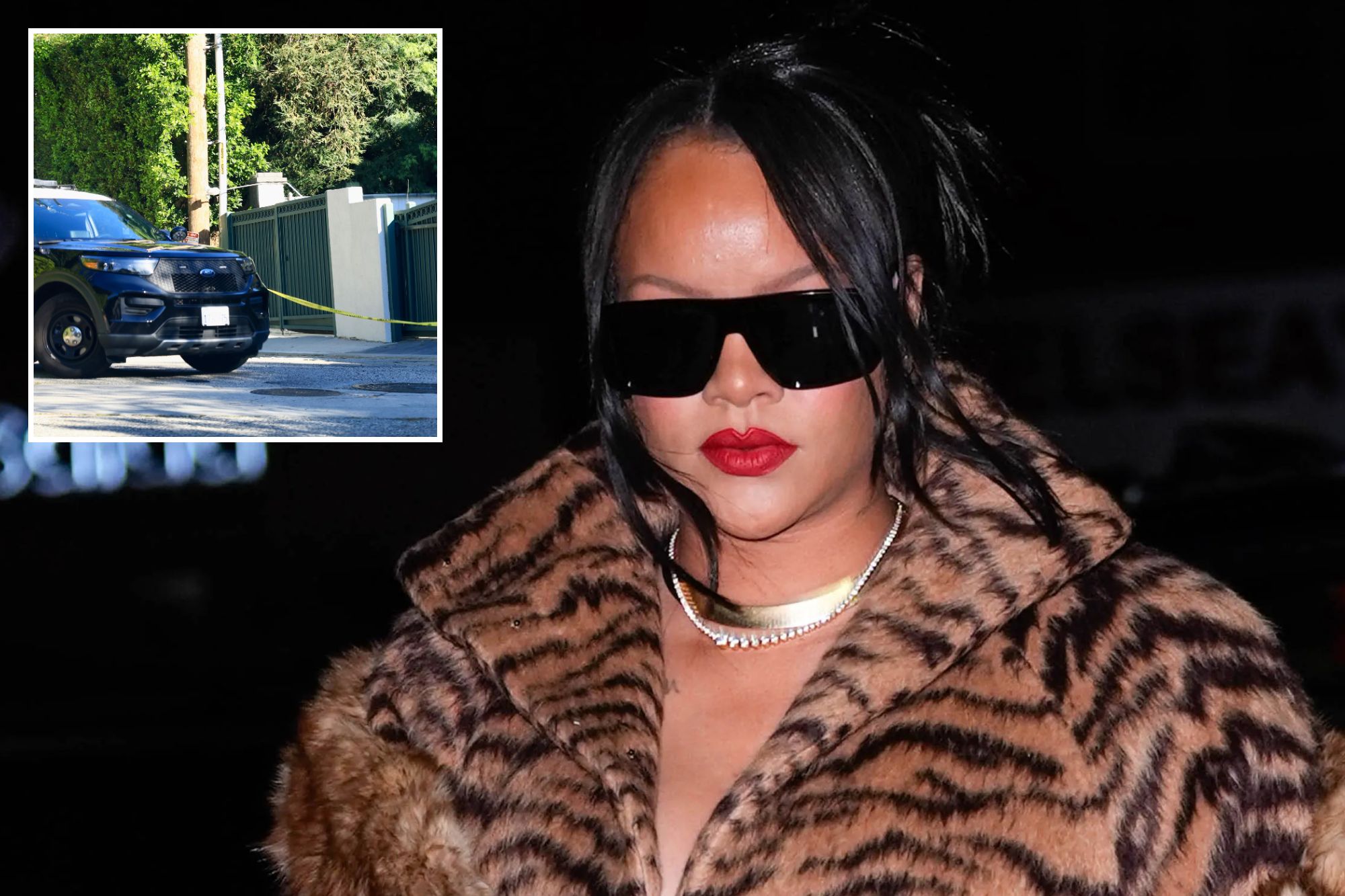 An image collage containing 2 images, Image 1 shows Celebrity Sightings In New York City - January 19, 2026, Image 2 shows LAPD closes off street near Rihannas home during shooting investigation