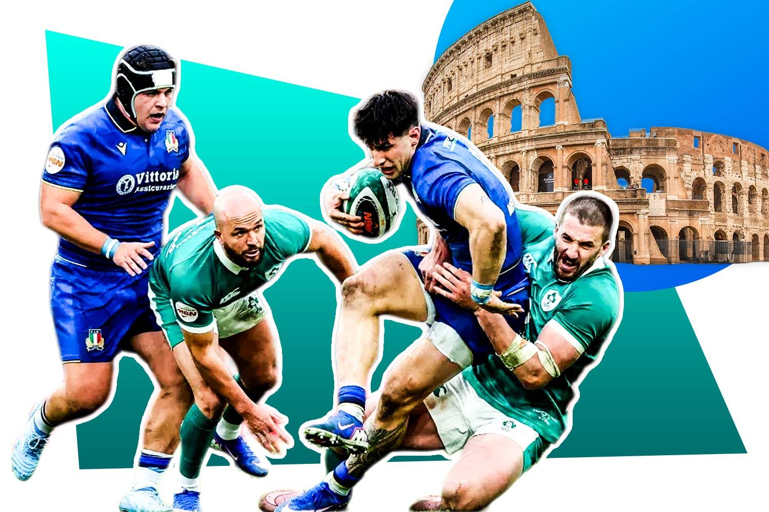 Collage of Italian and Irish rugby players in action with the Colosseum in the background.