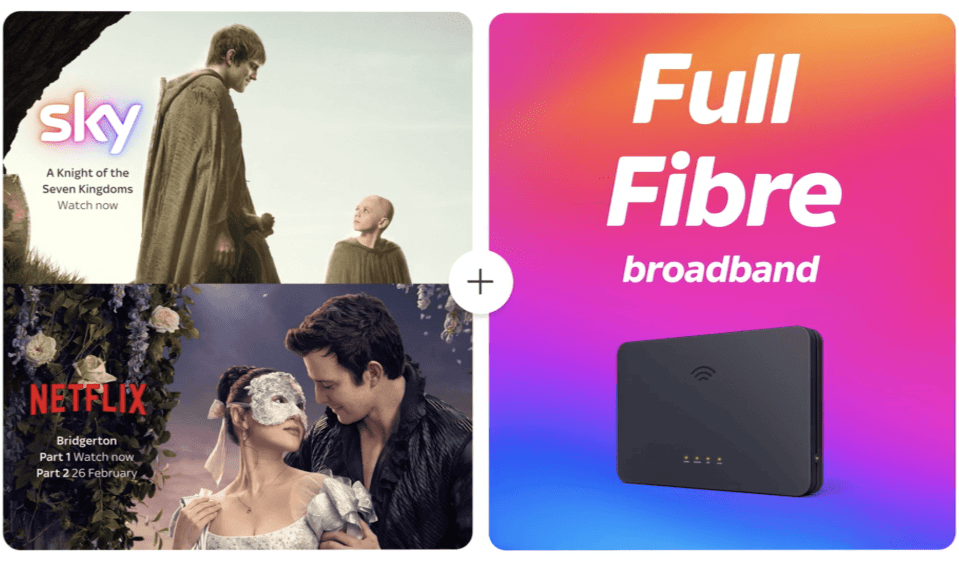 Collage of images advertising Sky and Netflix streaming services bundled with Full Fibre broadband.