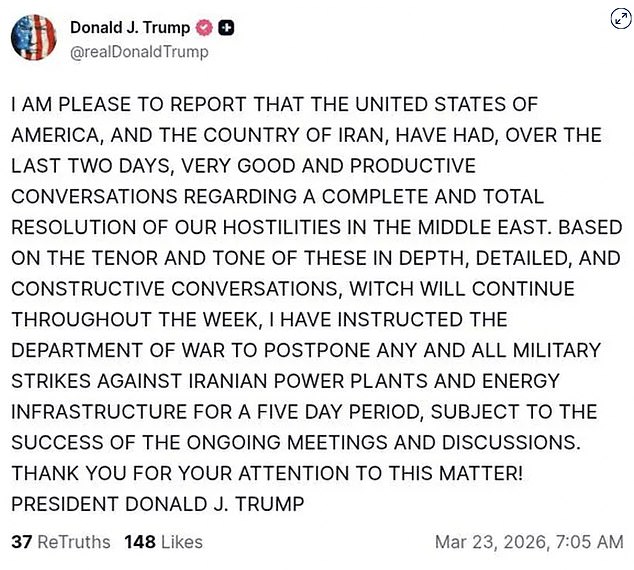 At 7:05am  Donald Trump posted on Truth Social about US-Iran talks and halting planned strikes. S&P 500 futures rose more than 2.5 per cent following the announcement. Oil dropped  6 per cent