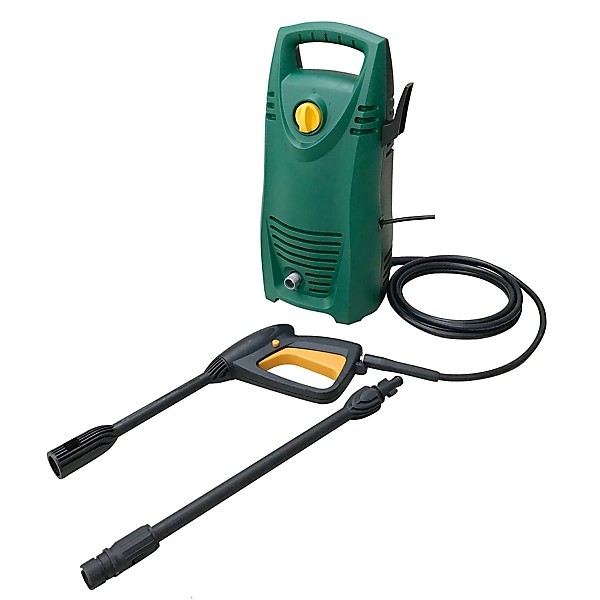 A green and black pressure washer and its accessories.