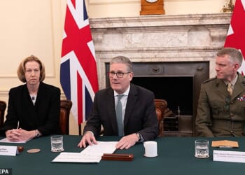 Keir Starmer last night appealed to oil and banking executives to help Britain deal with a looming 1970s–style energy shock. (Pictured with BP CEO appointee Meg O'Neil and Royal Navy Commander Operations, Major General Richard Cantrill)