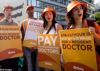 Participating junior doctors will walk out for six days from April 7 to April 13 – just after the Easter Bank Holiday weekend – in pursuit of a 26 per cent pay rise. Pictured: Resident doctors pictured protesting during a five-day strike outside St Thomas' Hospital in July 2025