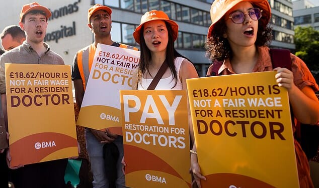 Participating junior doctors will walk out for six days from April 7 to April 13 – just after the Easter Bank Holiday weekend – in pursuit of a 26 per cent pay rise. Pictured: Resident doctors pictured protesting during a five-day strike outside St Thomas' Hospital in July 2025