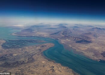 An aerial view of the Iranian shores and the island of Qeshm in the Strait of Hormuz