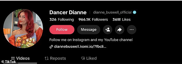 One example appears to be axed Naidya Bychkova who boasts 19,000 followers, while Dianne Buswell , also 36, with 966,000 followers has kept her place in the line-up