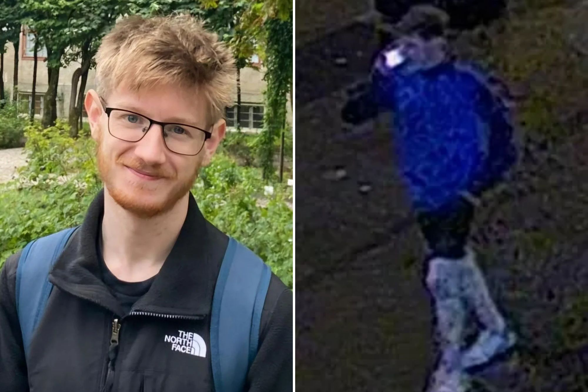 An image collage containing 2 images, Image 1 shows Fintan Jack Feltham, an 18-year-old student, smiling and wearing glasses, a black jacket, and a blue backpack, Image 2 shows Security camera image of a person believed to be Fintan, wearing a blue jacket and light-colored pants, captured at night