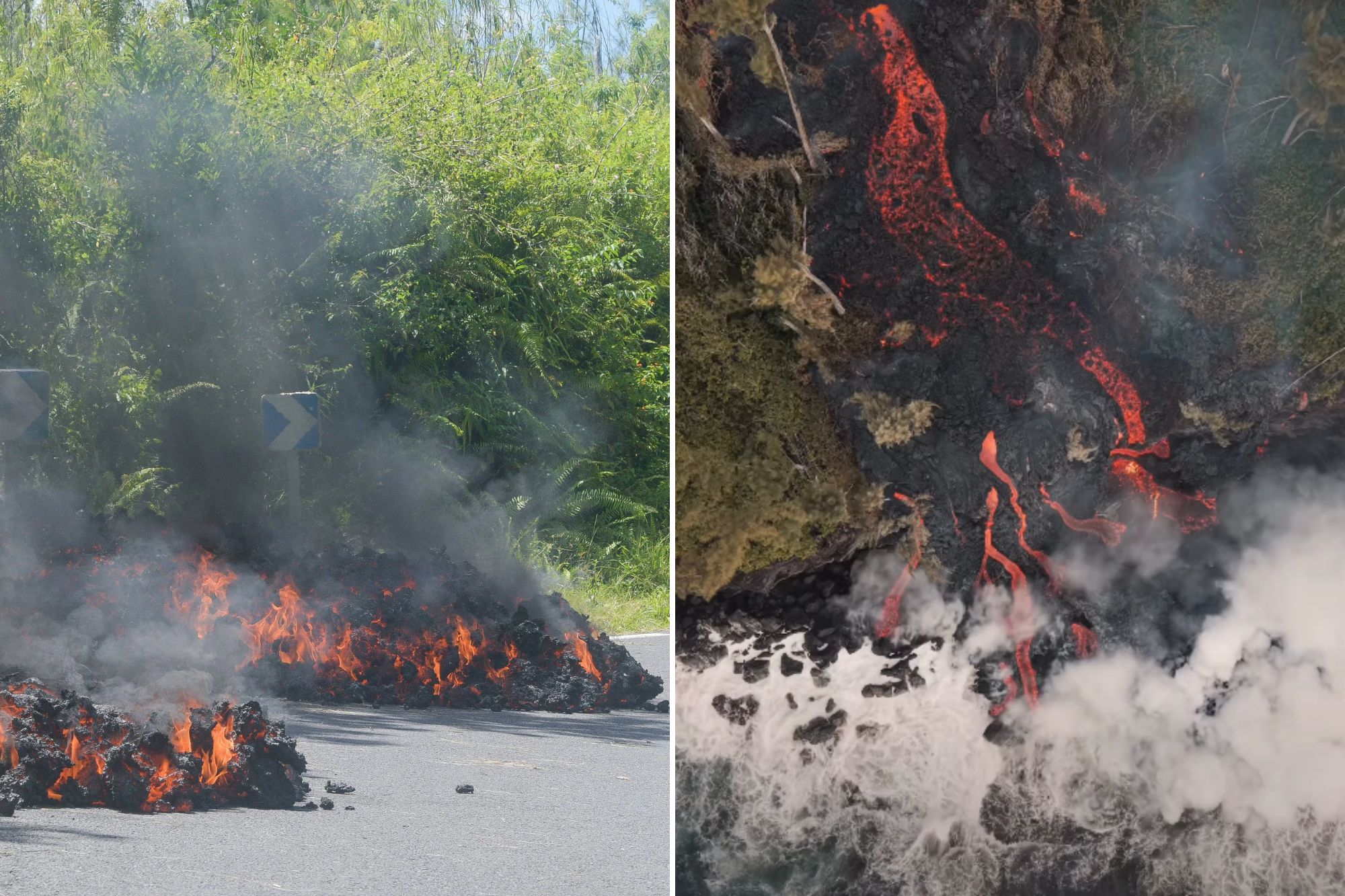 An image collage containing 2 images, Image 1 shows Lava from Piton de la Fournaise eruption crosses RN2 road on Reunion Island - 13 Mar 2026, Image 2 shows Aerial view of lava flowing into the ocean, creating a large plume of steam