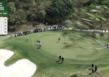 The LIV Golf broadcast drone, just moments before crashing into a tree (branch seen right)