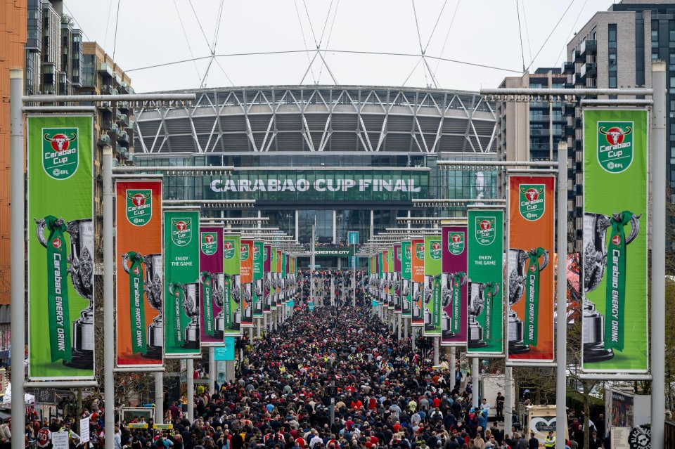London, UK. 22 March 2026. Fans on Olympic Way heading to Wembley Stadium for the Carabao Cup final between Arsenal and Manchester City. Credit: Stephen Chung / Alamy Live News