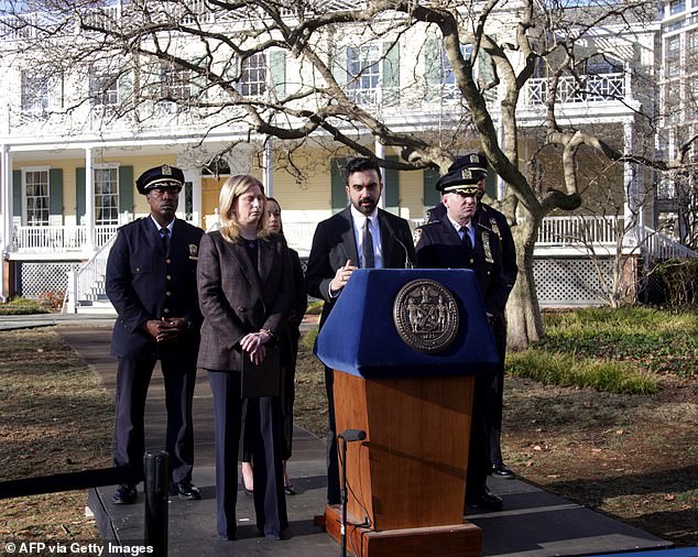 New York City Mayor Zohran Mamdani speaks alongside New York City Police Commissioner Jessica Tisch (second-left) outside Gracie Mansion on Monday morning