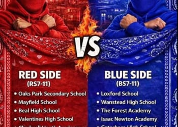Posters inspired by notorious LA street gangs the Bloods and the Crips featuring men in red and blue balaclavas listing which schools fall under which 'side' have been circulating on Snapchat , TikTok and Instagram