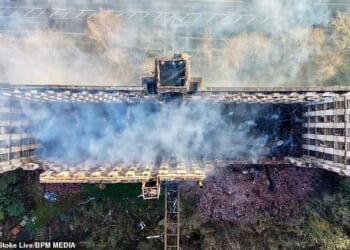 Photos show the building completely hollowed out by the fire, with its roof destroyed